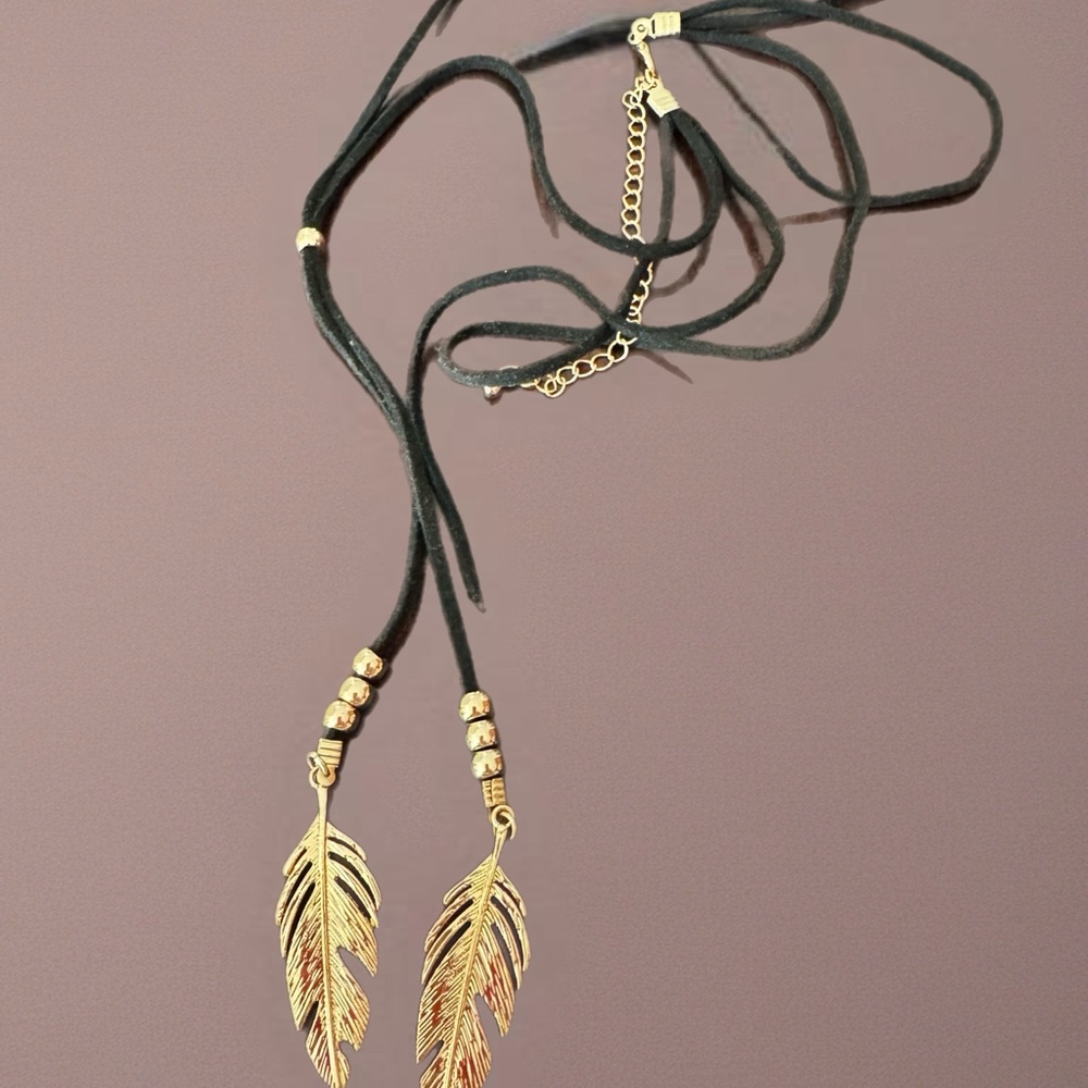 Bohemian Faux Leather Rope Necklace w/ Feather Pendants - Picture 4 of 4